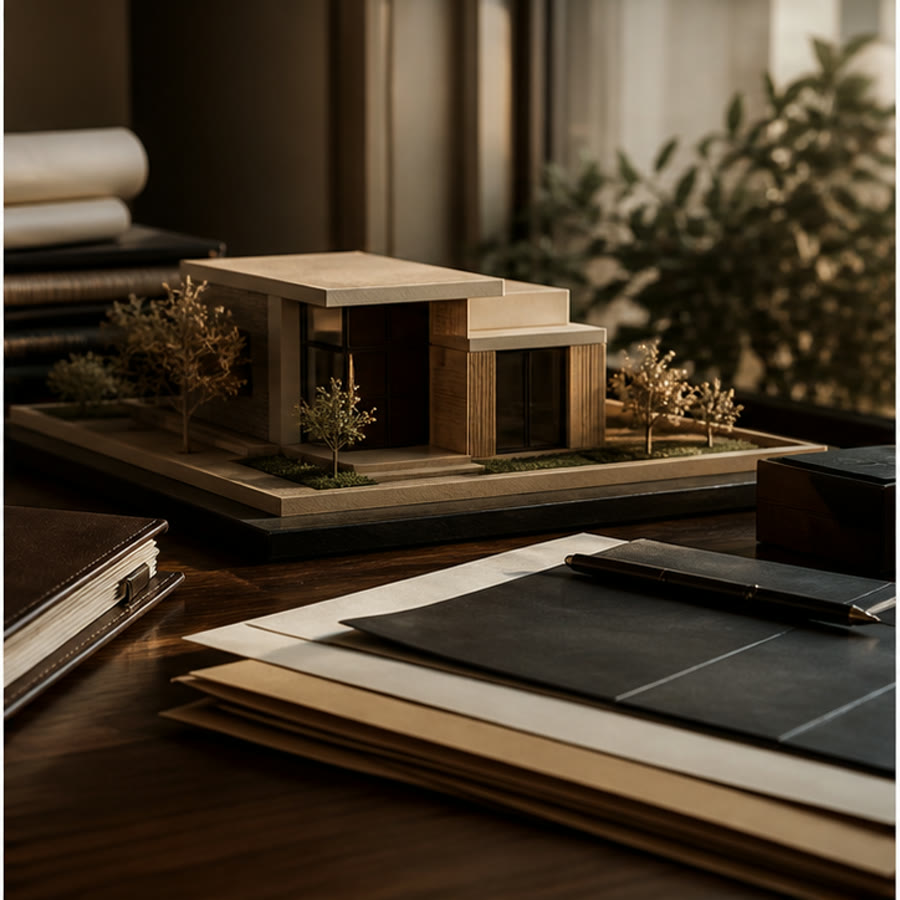 Maquete arquitetônica e documentos patrimoniais em uma mesa.